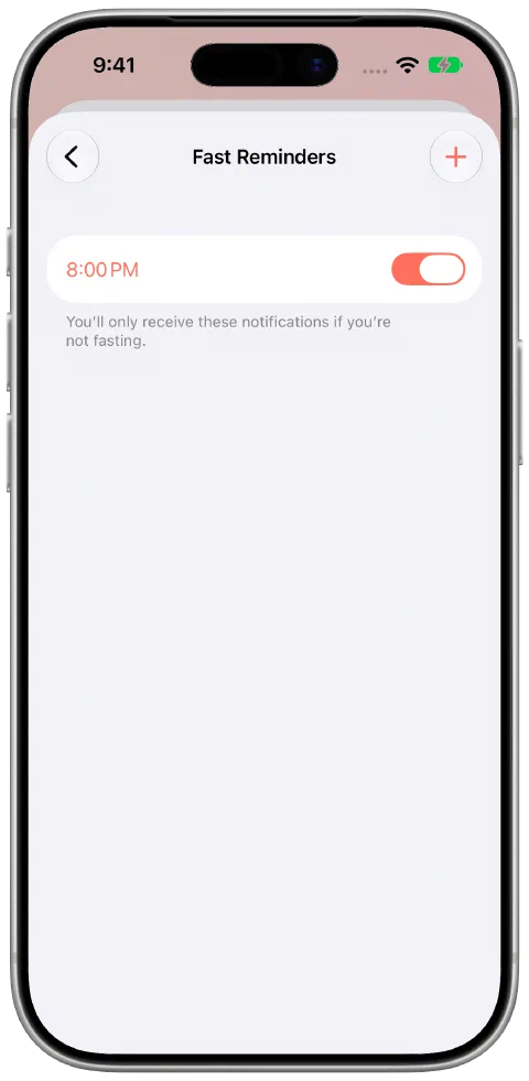 Fasty's Fast Reminders settings with a daily 20:00 reminder enabled and an explanation that it only notifies you when you are not fasting.