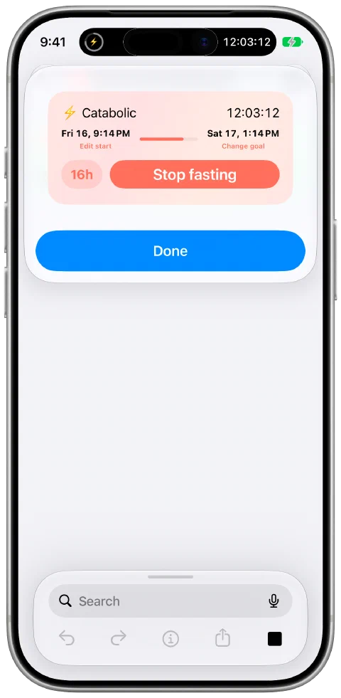 A real Fasty current-state result snippet shown over the Shortcuts editor, with fasting progress and controls.