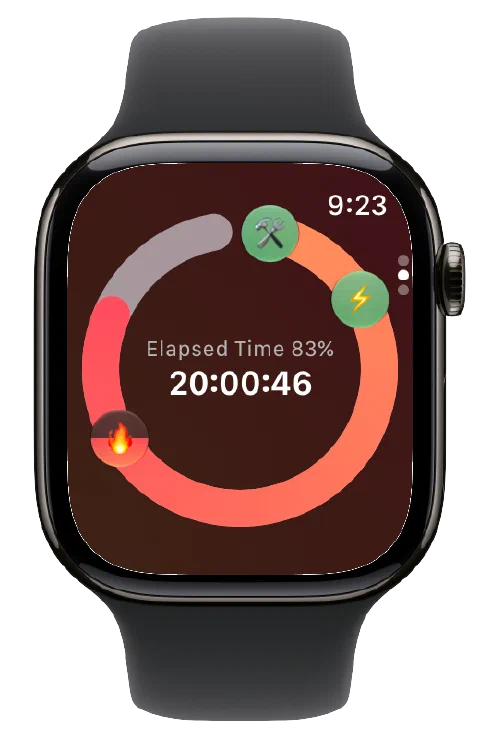 Fasty's estimated fasting-zone icons and active timer on Apple Watch.