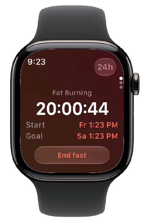Fasty on Apple Watch with the active timer, start and goal times, and End Fast button.