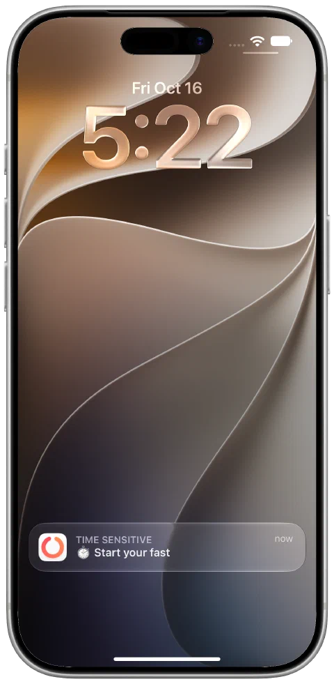A real delivered Fasty notification on the iPhone Lock Screen saying Start your fast.