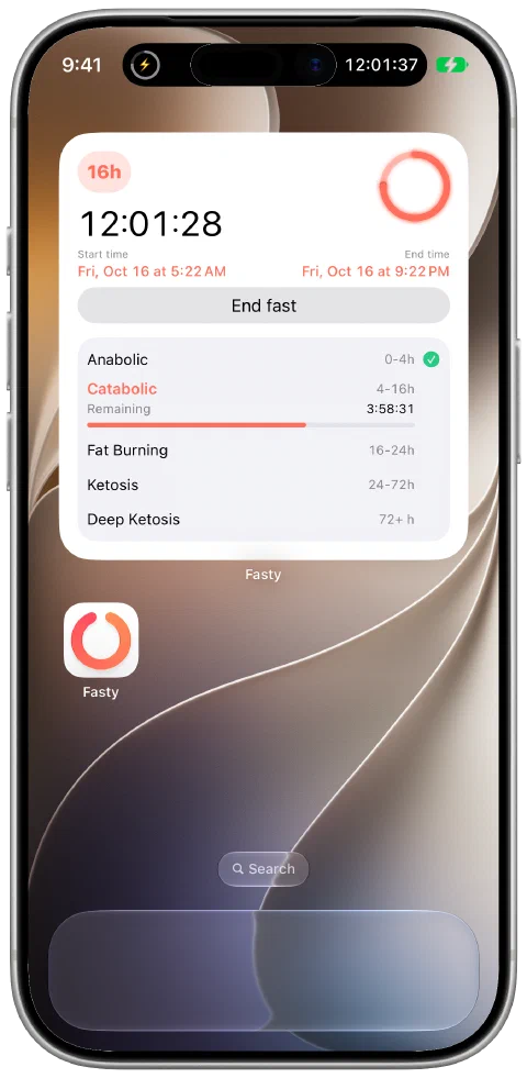 Fasty's large widget on an iPhone Home Screen, showing an active timer and fasting zones.